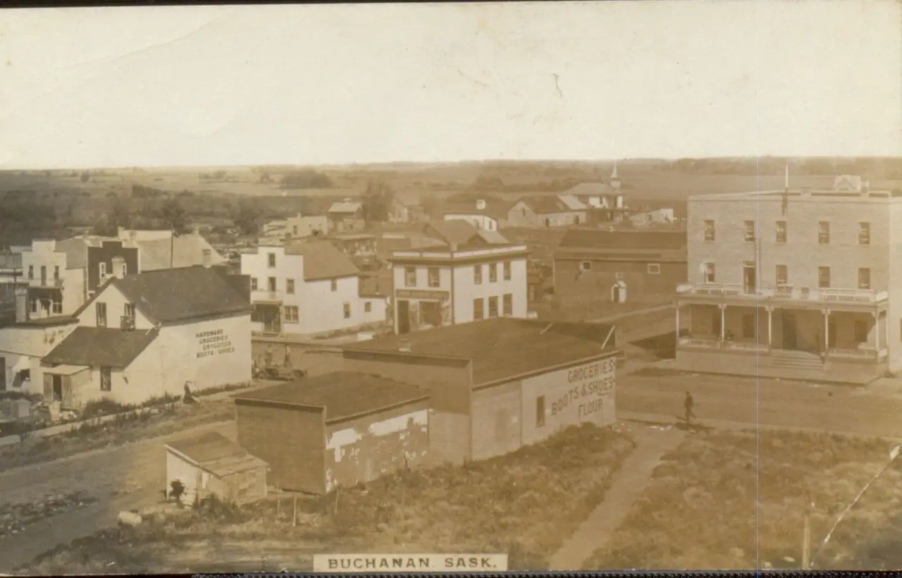 Elevated view of Buchanan's main street and buildings, about 1912